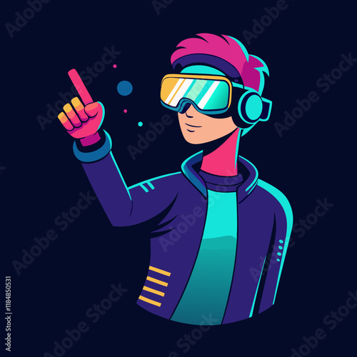 illustration of player in virtual reality glasses, VR