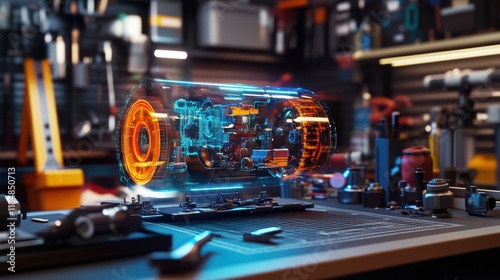 Futuristic electric motor hologram projected on desk in workshop setting with tools and components showcasing advanced manufacturing technologies and innovative engineering design