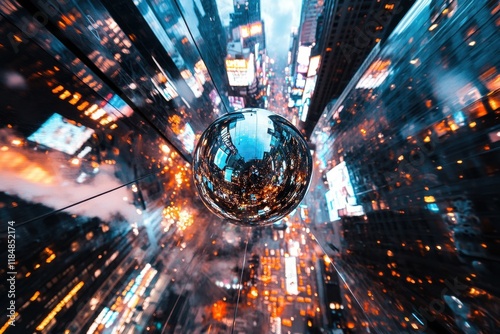 Iconic New Years Eve ball drop in Times Square captures the moment of descent over the vibrant city lights