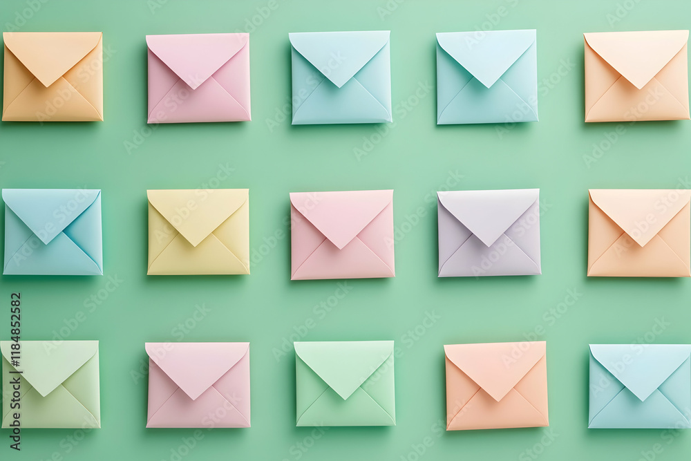 Three-dimensional pattern of rows of pastel-colored envelopes laid flat against a green background Three-dimensional pattern of rows of pastel-colored envelopes laid flat against a green background