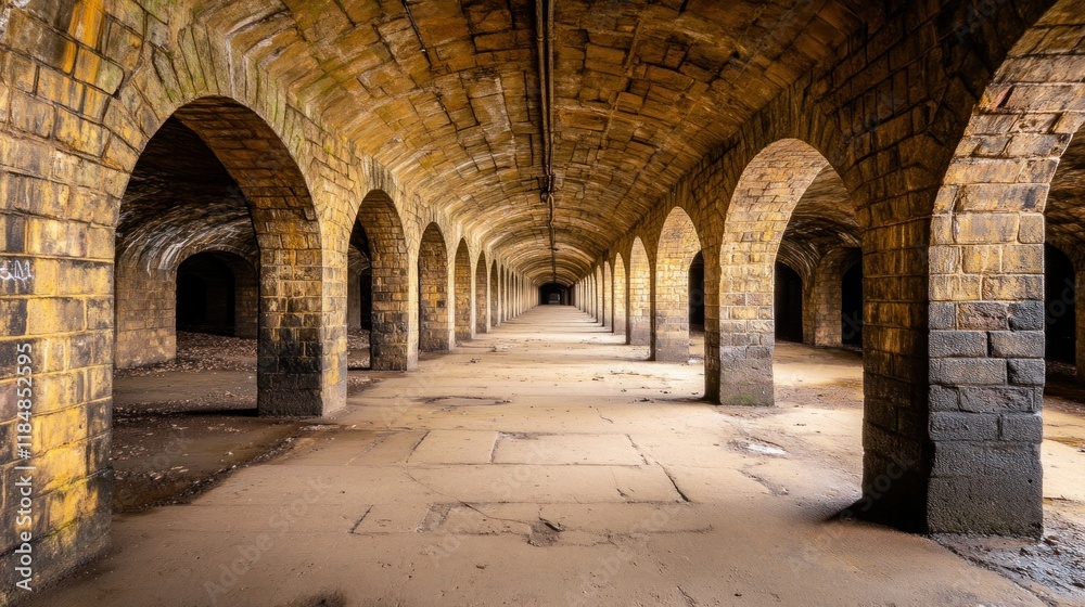Intricate stone arches line a long corridor in a historic structure, with warm lighting creating an inviting atmosphere. Dust settles on the floor, hinting at years of abandonment Intricate stone arches line a long corridor in a historic structure, with warm lighting creating an inviting atmosphere. Dust settles on the floor, hinting at years of abandonment