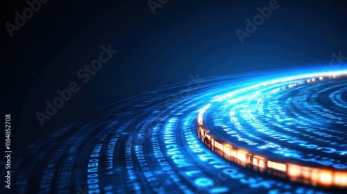 Bright blue binary code spirals and blends into a glowing wave against a dark background, representing the concept of data flow and digital technology in a modern setting