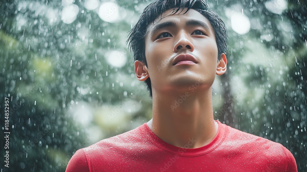 Determined Asian athlete in a red shirt standing in the rain with a focused expression. Concept of strength, resilience, and determination Determined Asian athlete in a red shirt standing in the rain with a focused expression. Concept of strength, resilience, and determination