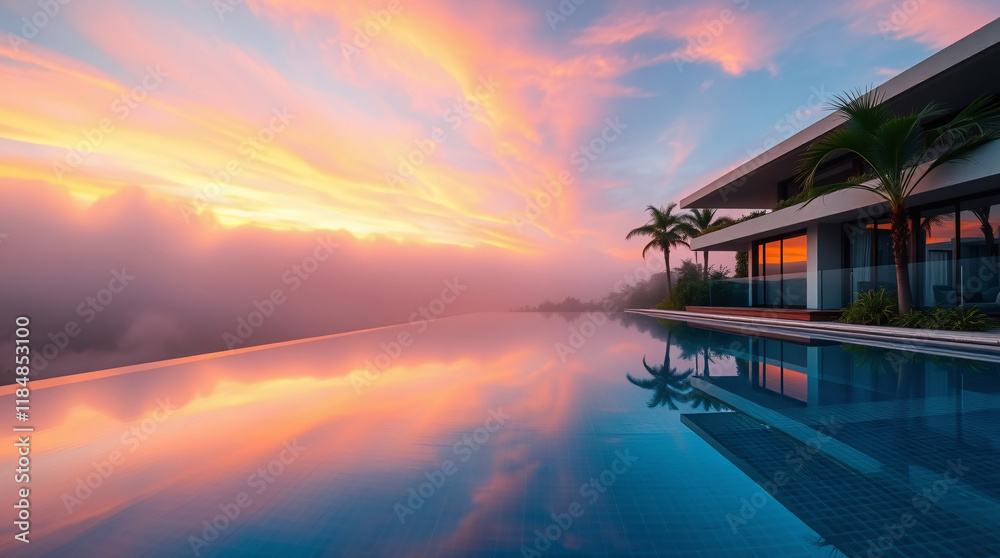 The outdoor pool terrace of a luxurious villa offers a breathtaking panoramic view of a lush tropical landscape, creating a perfect blend of elegance and natural beauty The outdoor pool terrace of a luxurious villa offers a breathtaking panoramic view of a lush tropical landscape, creating a perfect blend of elegance and natural beauty