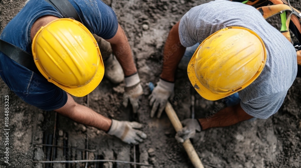 custom made wallpaper toronto digitalTwo construction workers focus on their task, working together to prepare a foundation. They are wearing yellow helmets and gloves as they dig in the dirt at a building site