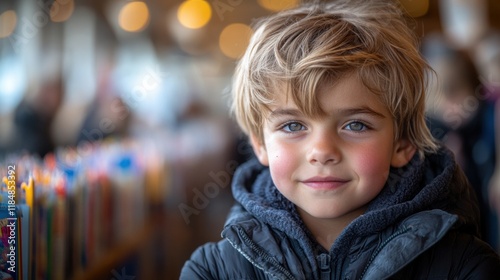 young boy with tousled blonde hair smiles warmly while standing in a well-lit indoor space filled with colorful books. inviting atmosphere creates a cheerful vibe