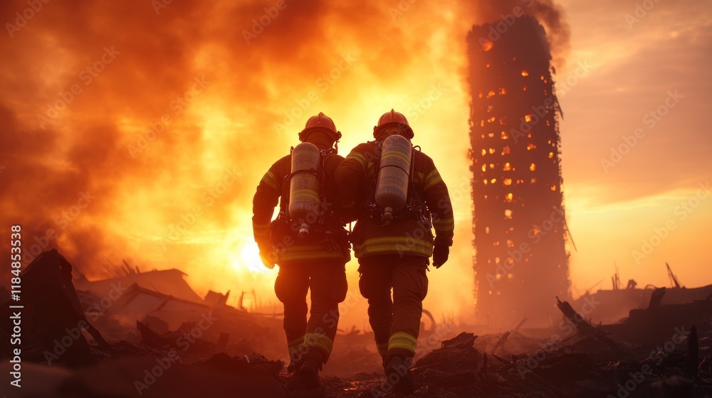 Fototapeta premium Two courageous firefighters approach a massive fire consuming a damaged high-rise building, silhouetted against a dramatic sunset, showcasing their bravery and dedication to battling the blaze