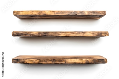 Rustic wooden shelves, studio shot, white background, display (6) photo