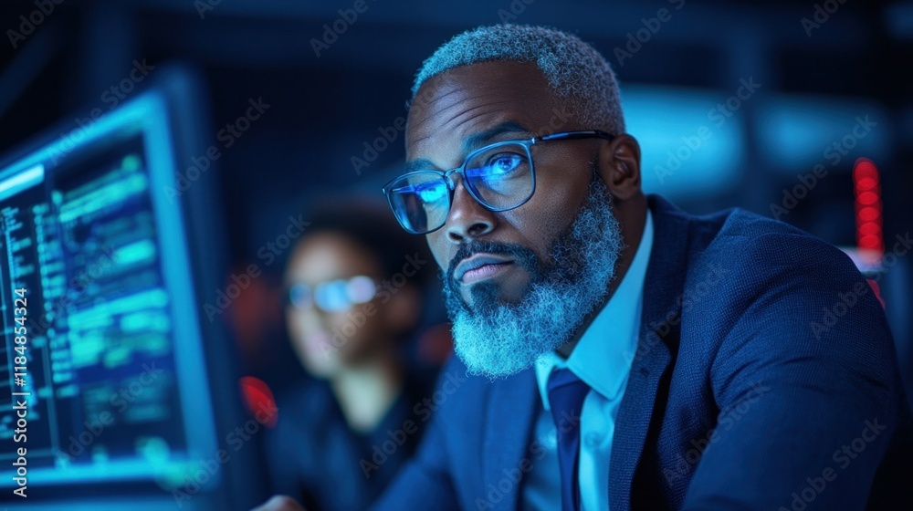 focused professional man in business attire works diligently at a computer in a contemporary office with dim lighting and colorful screens, showcasing concentration and expertise in his field focused professional man in business attire works diligently at a computer in a contemporary office with dim lighting and colorful screens, showcasing concentration and expertise in his field