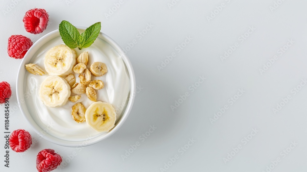 Yogurt parfait with banana and granola, creamy yogurt and fruit, healthy breakfast flat lay, minimalist food photography, copy space



