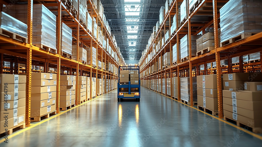 A large warehouse with a pallet truck and boxes on shelves, a warehouse with a pallet truck and cardboard boxes on a shelf, and Shelves with boxes in a warehouse. Generative Ai A large warehouse with a pallet truck and boxes on shelves, a warehouse with a pallet truck and cardboard boxes on a shelf, and Shelves with boxes in a warehouse. Generative Ai