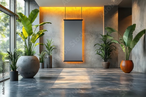 professional rollup banner mockup displayed in luxury corporate building lobby with marble floors and modern architectural elements photo