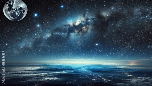 The night sky, strewn with stars of galaxies.