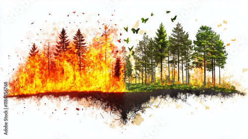 Split forest showing wildfire and lush greenery on white background