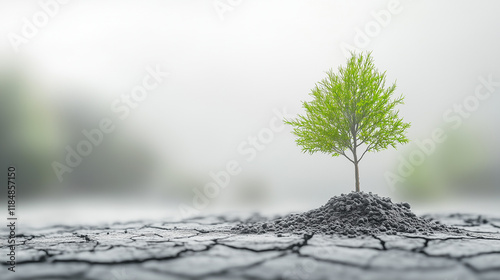 Small green tree growing on cracked dry ground
