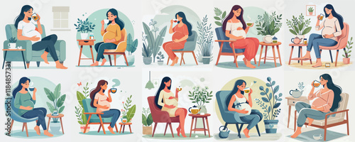 pregnant woman vector set enjoying herbal tea