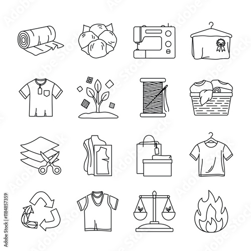 Set of circular fashion economy icons. Product life cycle from raw material to production, consumption, reuse, upcycling, downcycling, recycling. Sustainable fashion vector icons.
