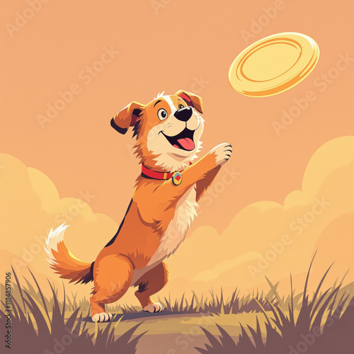 A fun vector design of a happy dog catching a frisbee mid-air, set against a bright sky with bold colors, ideal for dynamic and playful projects.
