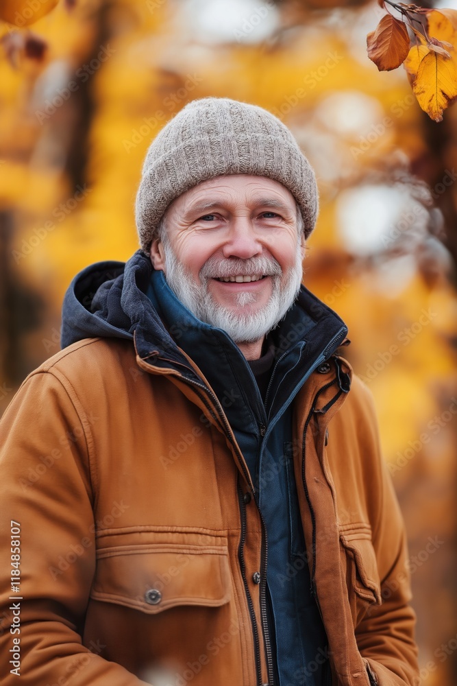 A man wearing a brown jacket and a hat is smiling. He is standing in front of a tree with yellow leaves A man wearing a brown jacket and a hat is smiling. He is standing in front of a tree with yellow leaves