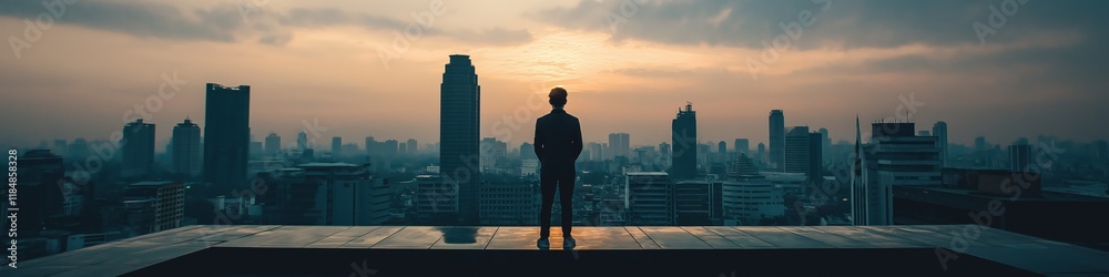 A man stands on a rooftop looking out over a city. The sky is a mix of blue and orange, and the city below is lit up at night. The man is lost in thought A man stands on a rooftop looking out over a city. The sky is a mix of blue and orange, and the city below is lit up at night. The man is lost in thought