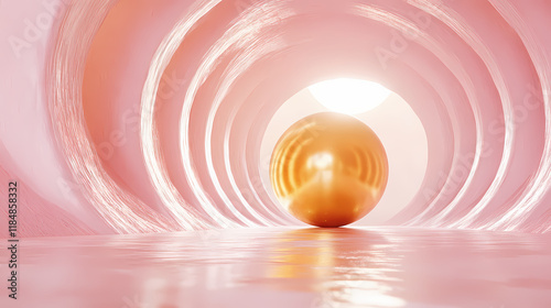 Fototapeta Naklejka Na Ścianę i Meble -  3d render of golden sphere emerging from pink tunnel. Dewlight. Illustration