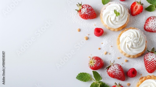 Mini strawberry desserts with whipped cream, garnished with mint leaves and red currants, vibrant sweet treats, flat lay food styling, isolated on white background, top view, copy space.

