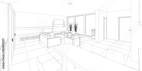 interior kitchen living room 3d illustration	