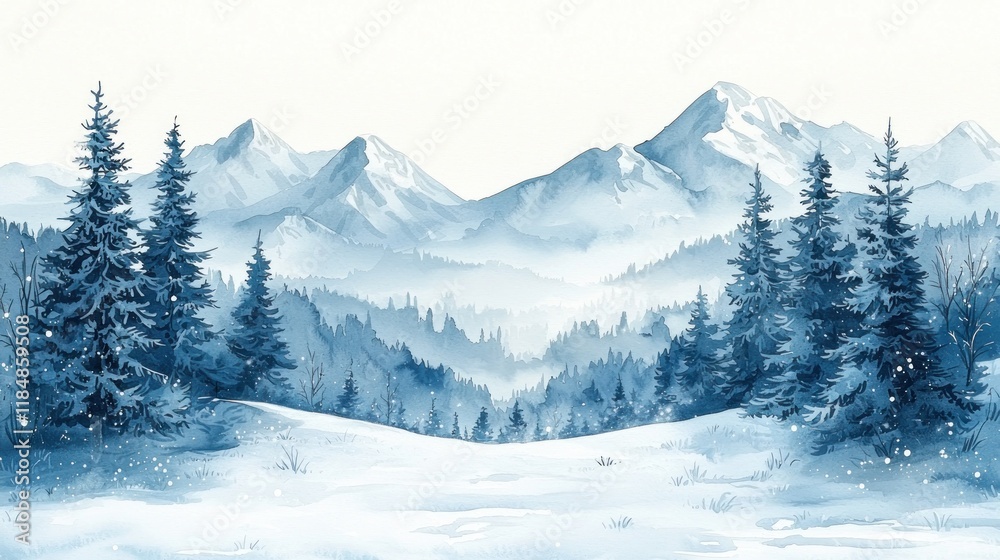 Obraz premium Serene Winter Scene with Snow-Covered Mountains and Pine Trees in a Tranquil Landscape