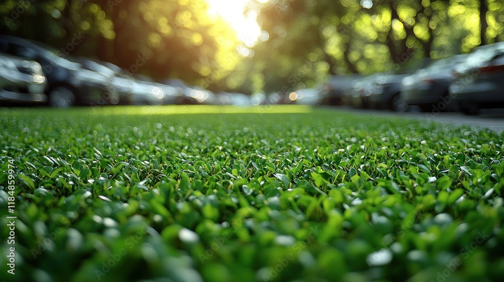 Naklejka premium Sunlit Grass in Urban Parking Area - A Lush Green Oasis Amidst Concrete and Asphalt
