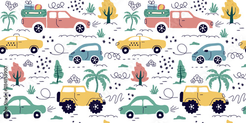 Seamless pattern with hand-drawn cars, signs, roads,  gifts. Cartoon print background, kids, paper, print. vector illustration in the style of trend art