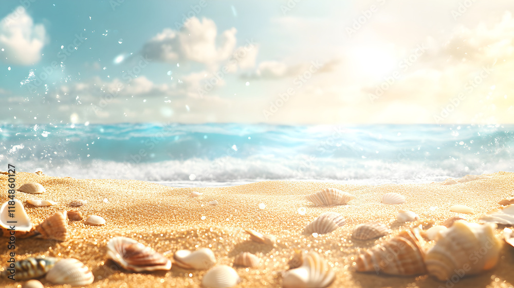 Ocean Surf with seashells on sand, copy space Ocean Surf with seashells on sand, copy space