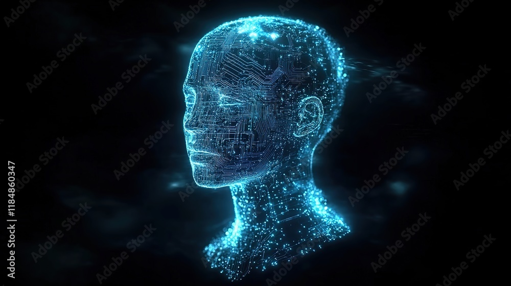 A hologram of an AI humanoid head, composed entirely from glowing blue data points and circuitry, floating against a dark background. A hologram of an AI humanoid head, composed entirely from glowing blue data points and circuitry, floating against a dark background.