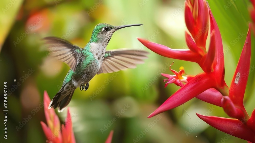 Fototapeta premium A vibrant hummingbird hovers near bright red flowers in a lush, tropical setting.