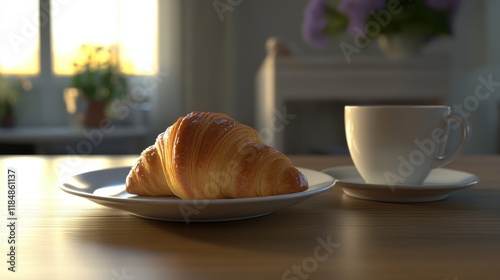 Croissant and Coffee on a White Plate with Natural Light