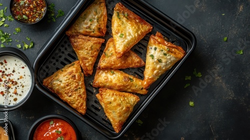 Golden Brown Samosas with Dipping Sauces and Air Fryer