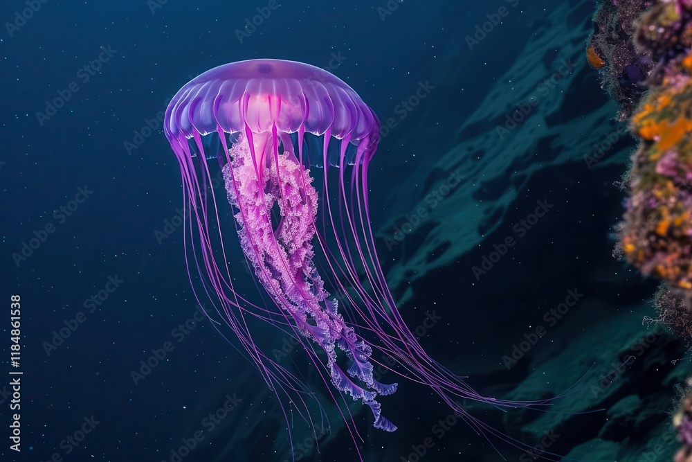 Fototapeta premium A vibrant jellyfish gracefully swims in deep water, showcasing its translucent body and flowing tentacles.