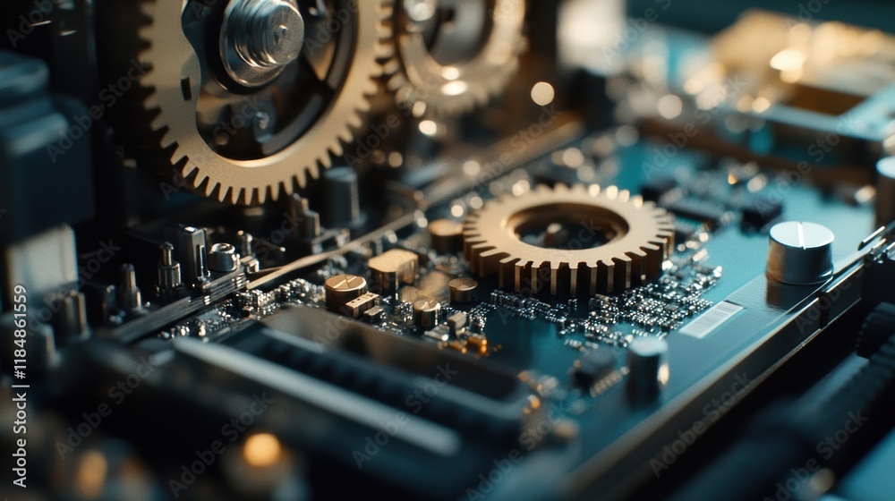 Close up of smoothly rotating gears on a complex electronic motherboard, highlighting the intricate interplay between mechanical and digital components in manufacturing Close up of smoothly rotating gears on a complex electronic motherboard, highlighting the intricate interplay between mechanical and digital components in manufacturing