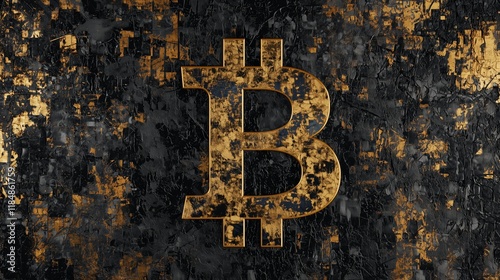 Golden Bitcoin Symbol on Abstract Black and Gold Texture - made with Generative AI photo