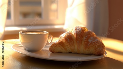 Croissant and Coffee on White Plate in Natural Light