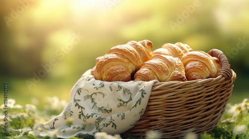 Fresh Croissants in a Woven Basket with Natural Light
