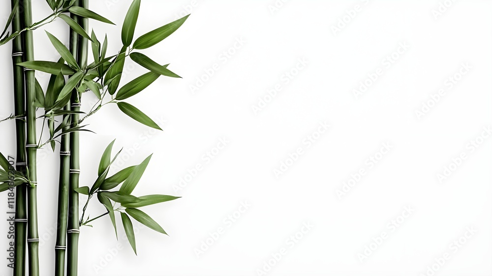 Fototapeta premium Lush green bamboo stalks with vibrant leaves against a clean, white background, evoking tranquility and nature's beauty.