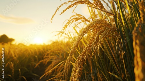 Golden Paddy Fields Ready for Harvest Under Sunset Light