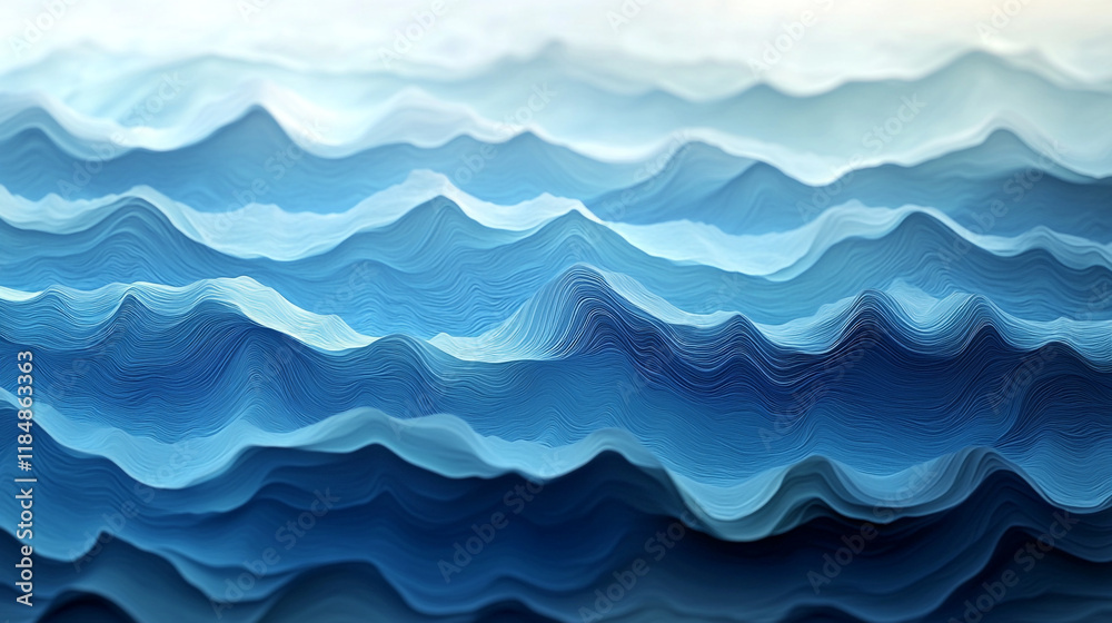 Layers of blue waves create a tranquil and artistic paper landscape in soft shades Layers of blue waves create a tranquil and artistic paper landscape in soft shades