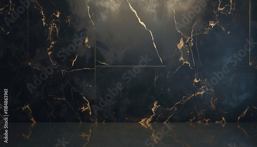 Dark polished marble wall. dark, green texture background with gold veins