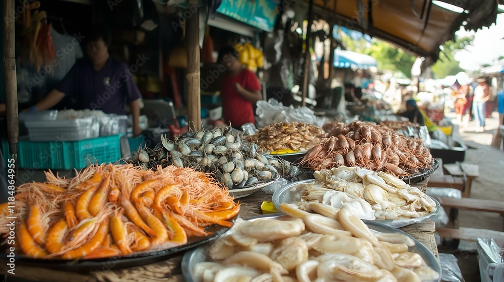 Obraz premium Vibrant seafood market display with fresh shrimp, clams, and fish in outdoor setting