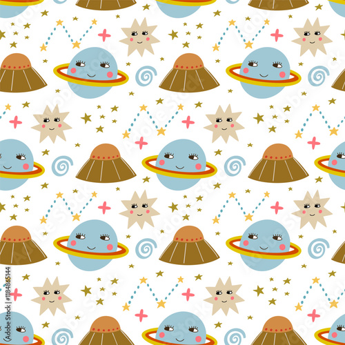 Space, planet, UFO, stars seamless pattern, vector background. Ideal for fabric, textile, baby bedding, wallpaper, pajamas. Scandinavian style.