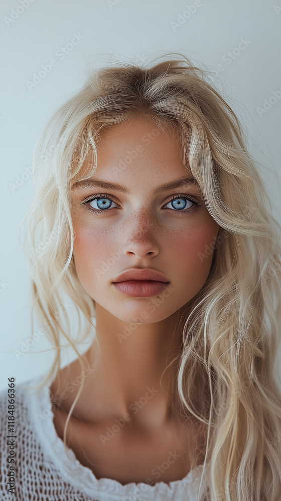 Beauty portrait of a beautiful blonde woman with long hair, blue eyes, and natural minimalistic makeup Beauty portrait of a beautiful blonde woman with long hair, blue eyes, and natural minimalistic makeup