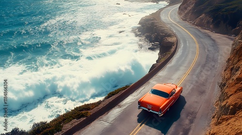 Vintage Car on Coastal Highway with Crashing Ocean Waves and Scenic Views