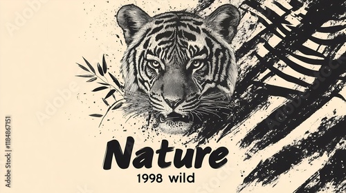  Tiger head illustration with wild nature theme and bold typography in monochrome style

 photo