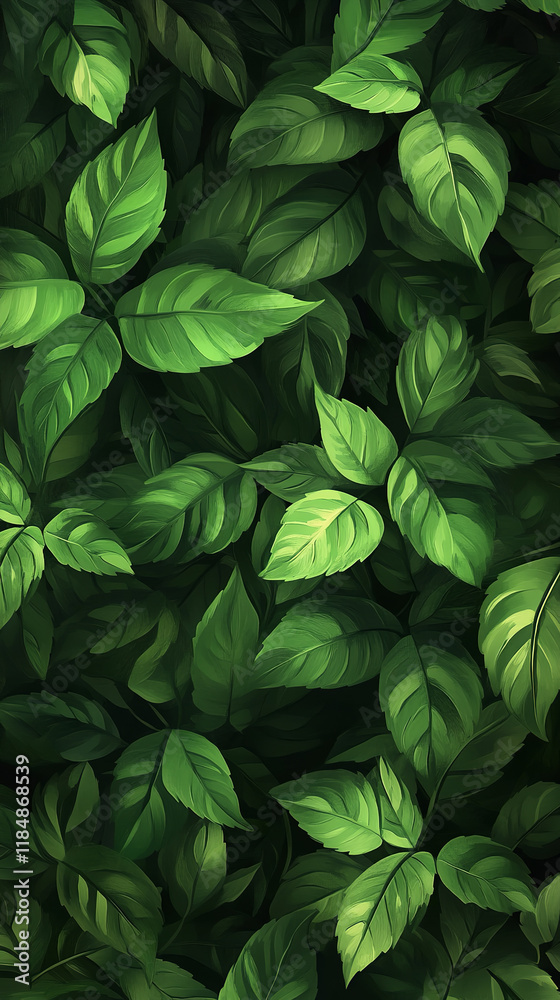 The image is a vertical, digital painting of a dense arrangement of green leaves The image is a vertical, digital painting of a dense arrangement of green leaves